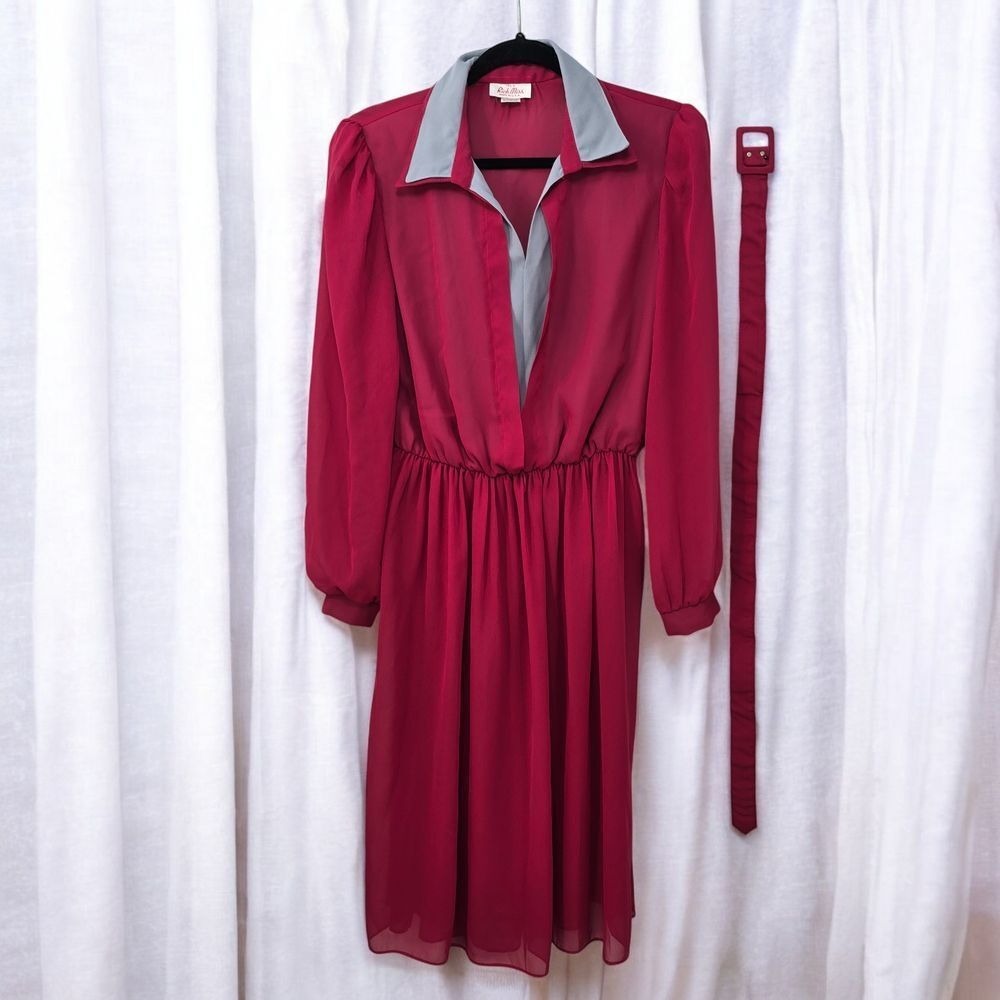 Rich Miss Vintage Red Cocktail Dress Gray Collar Long Sleeve Sheer Size 12 Union